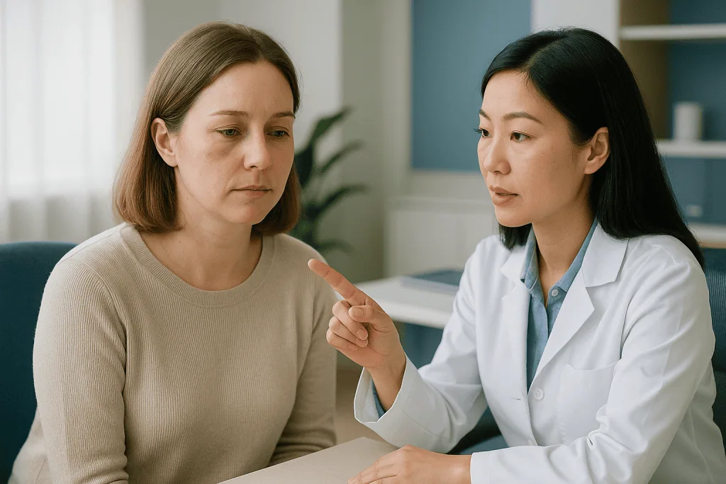 Doctor consulting with patient in clinical office setting: How long does filler bruising last? The first two weeks