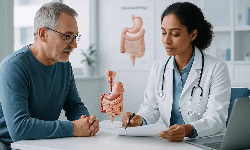 Doctor explaining digestion process to patient with stomach model.
