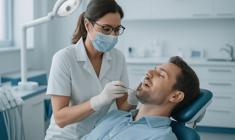 Dentist performing dental examination on male patient in clinic.