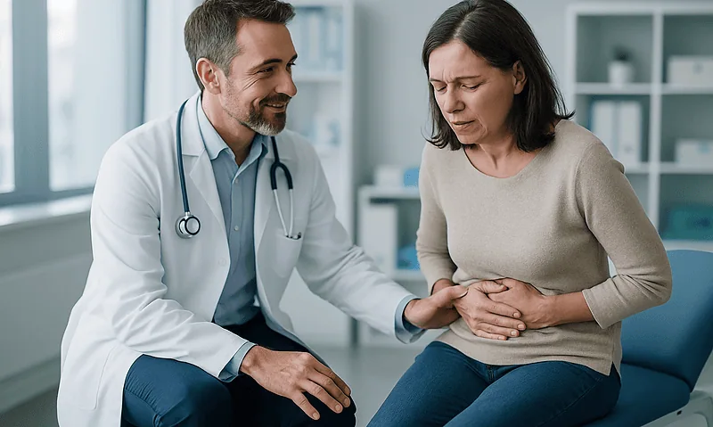 Doctor examining a woman with stomach pain in a medical office.