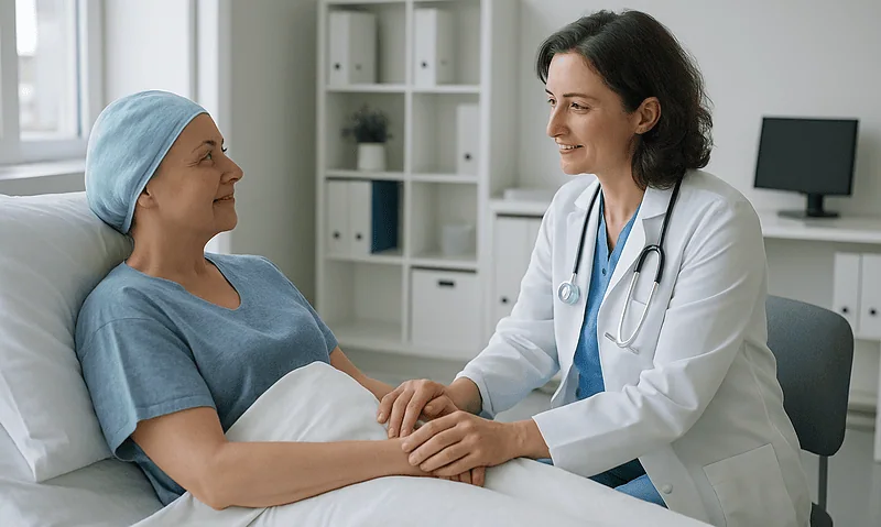Doctor comforting a patient in hospital bed, healthcare setting.