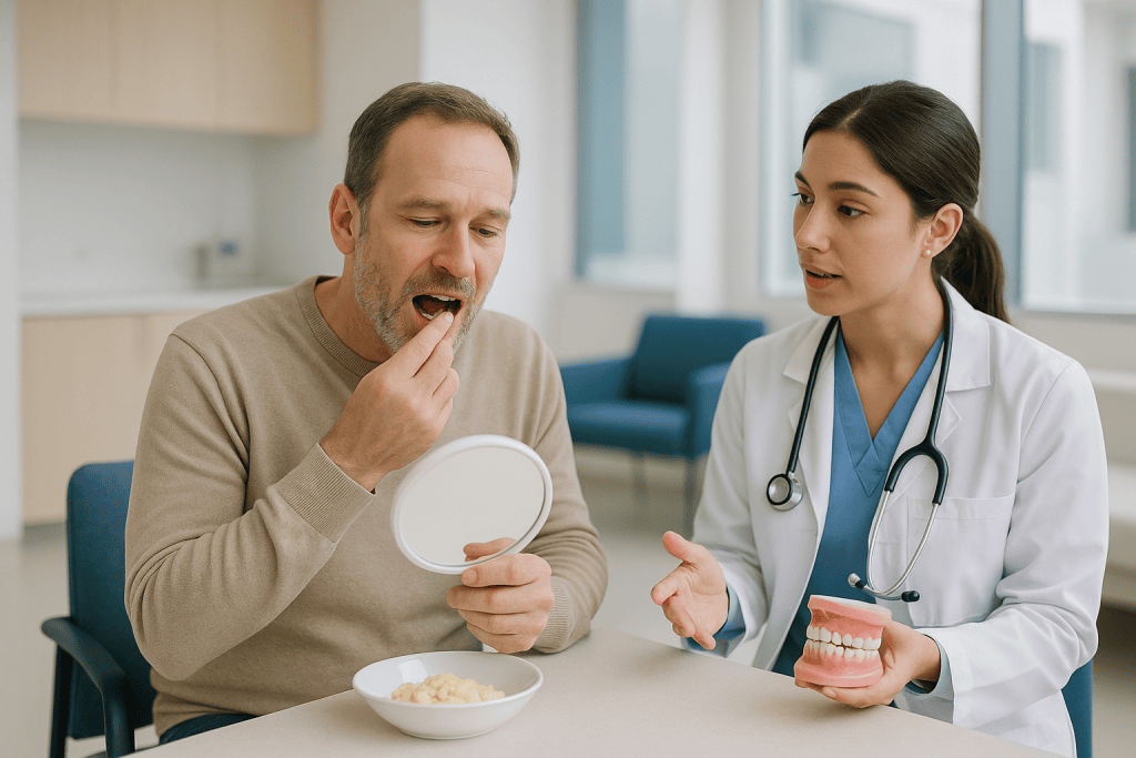 Dentist consulting patient about gum health and dental model: How long does gum reshaping healing take?
