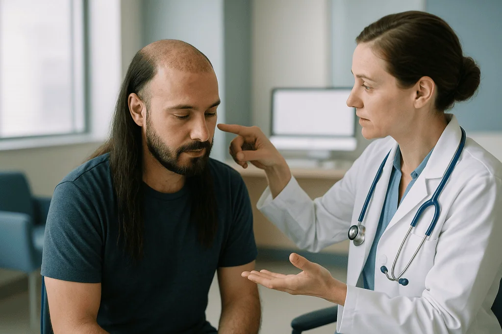 Doctor examining patient's face during general consultation: How long does hair transplant redness last?