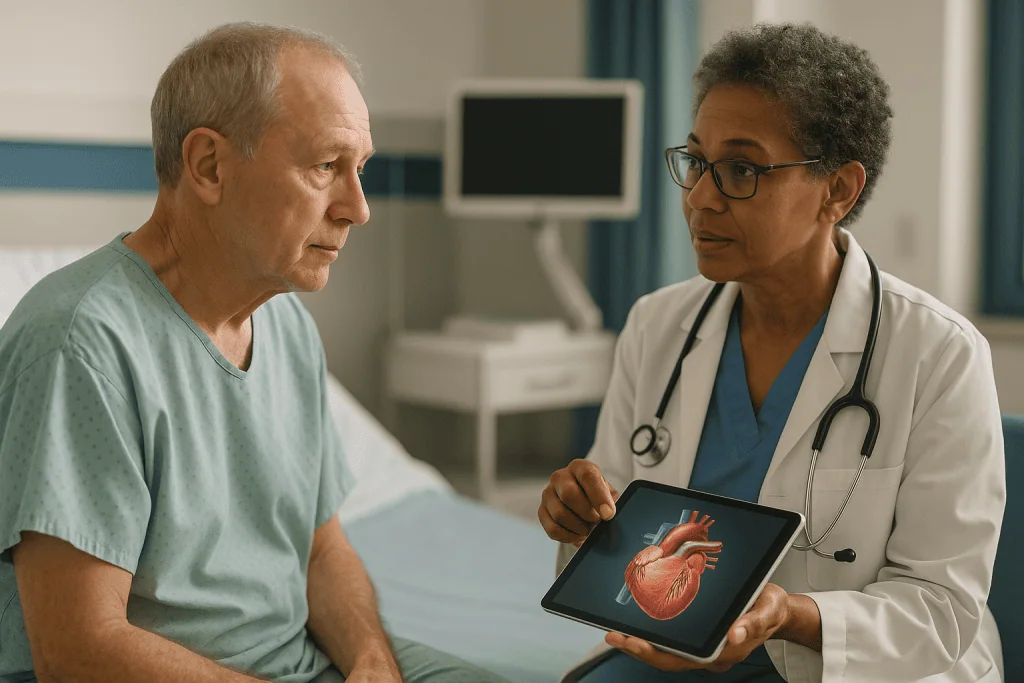 Doctor consulting patient about heart condition using tablet: How long does heart surgery take, and what happens in the oper