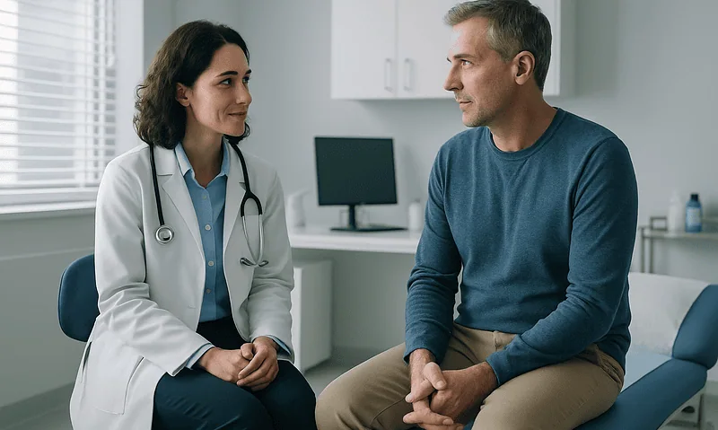 Doctor consulting with male patient in a medical office.