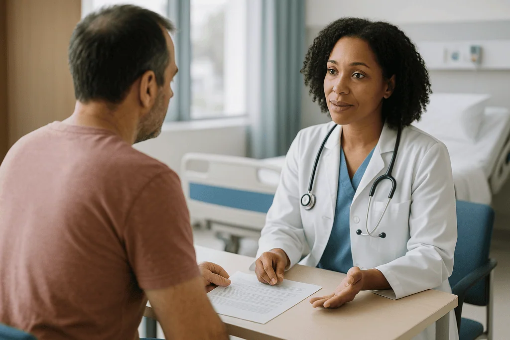 Doctor consulting with male patient in clinic room — How long does hemorrhoidectomy recovery time really take?