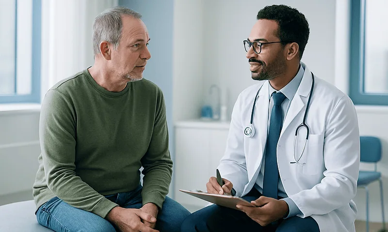 Doctor consulting with an older male patient in a medical office.