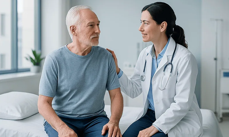 Doctor consulting with elderly male patient in hospital room.