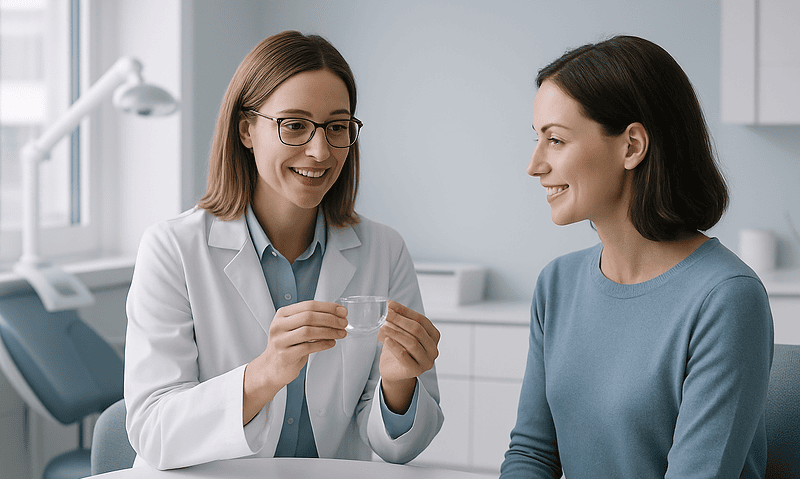 Dentist showing a glass to a patient in a dental clinic.