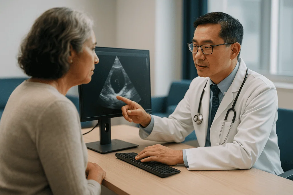 Doctor explaining echocardiogram results to senior patient: How long does it take a cardiologist to review an echocardiogram