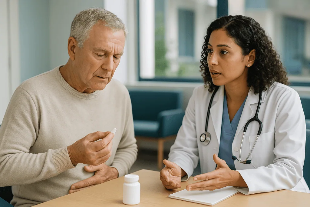 Doctor consulting with senior patient about medication: How long does it take for NSAIDs to cause ulcers?
