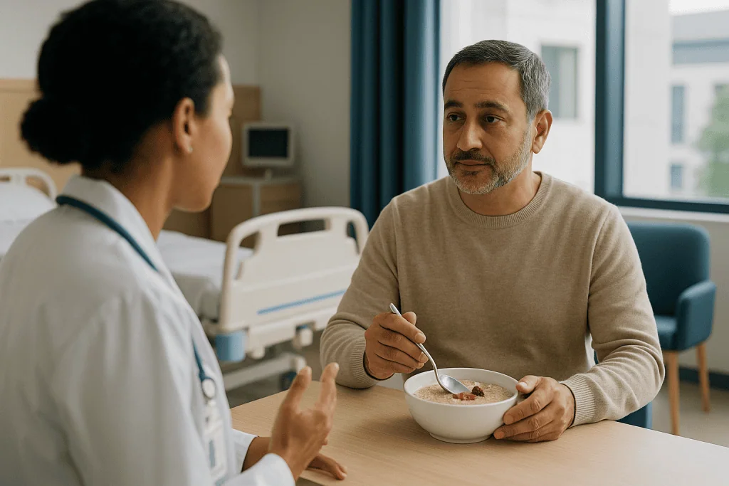 Healthcare worker consulting patient eating bowl of cereal: How long does it take for ulcerative colitis to heal after a fla