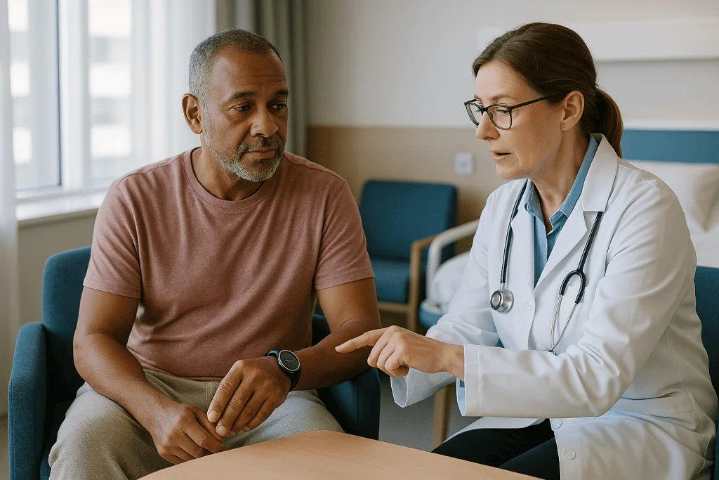 Doctor consulting with male patient about health condition: How long does laparoscopic hiatal hernia repair take?