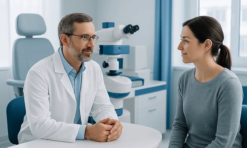 Ophthalmologist consulting with a patient in a modern clinic.