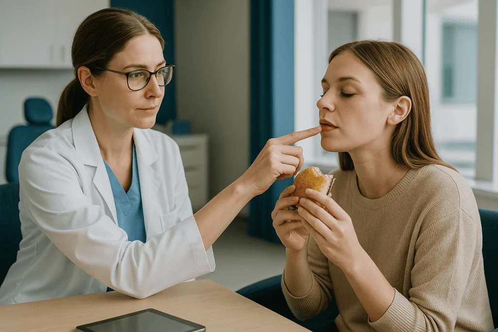 Doctor examining patient's mouth, possibly dental or oral inspection: How long does lip filler last, and why it is usually t