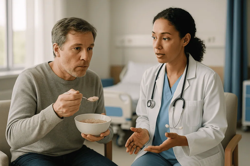 Doctor consulting patient eating soup bowl: How long does lip reconstruction recovery take?