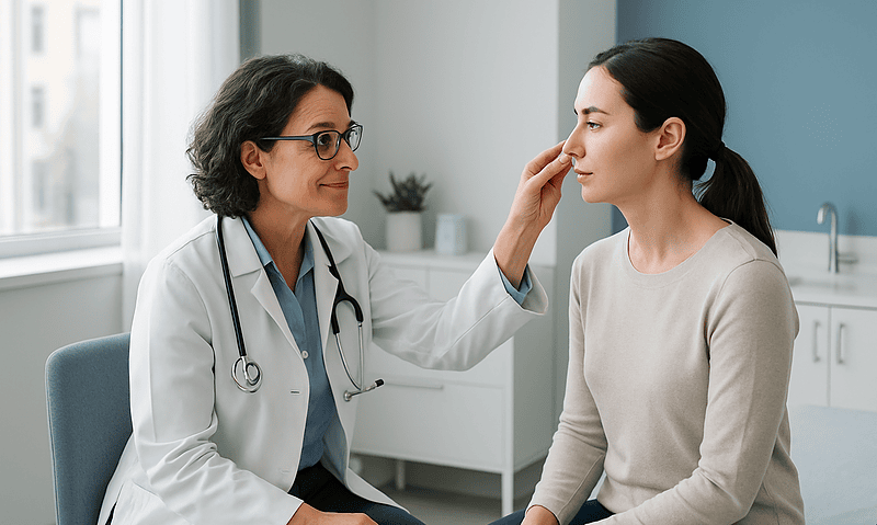 Doctor examining woman's nose during consultation at clinic.