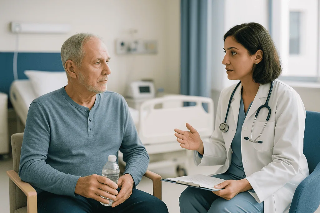 Doctor consulting with older male patient in hospital room: How long does lung abscess treatment take? The honest range