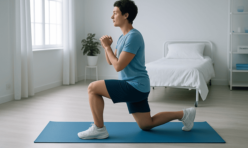 Woman doing lunges in a bright, clean room for post-mastectomy recovery.