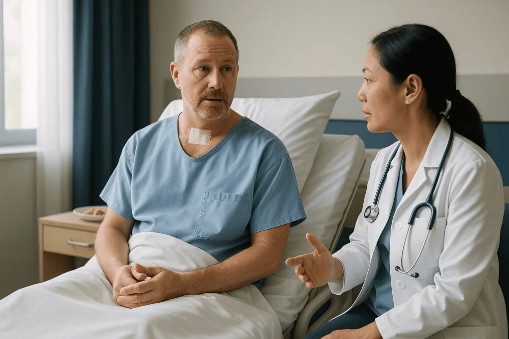 Doctor consulting with male patient in hospital bed: How long does mediastinoscopy take, and how long will I stay in?