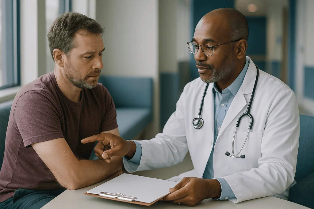 Doctor consulting with male patient about skin condition: How long does molluscum last, with or without treatment?