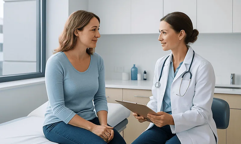 Doctor consulting with patient in a modern hospital room.