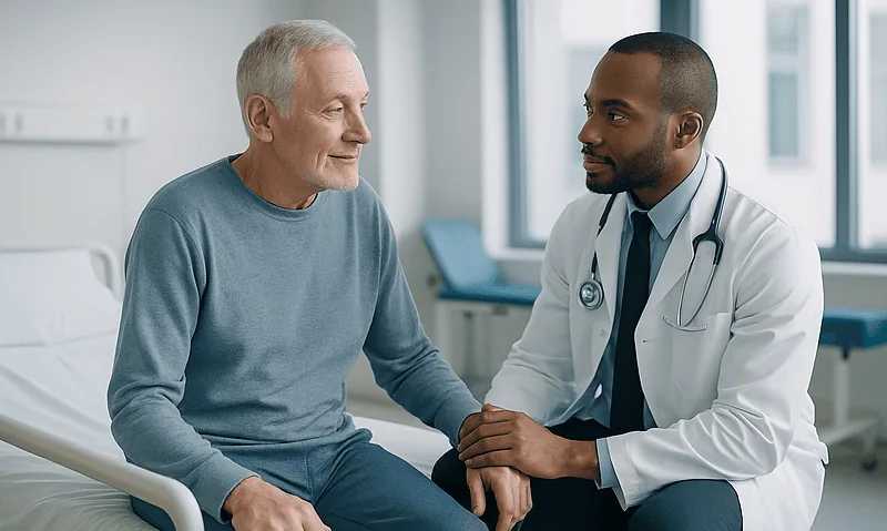 Doctor consulting with elderly patient in hospital room.