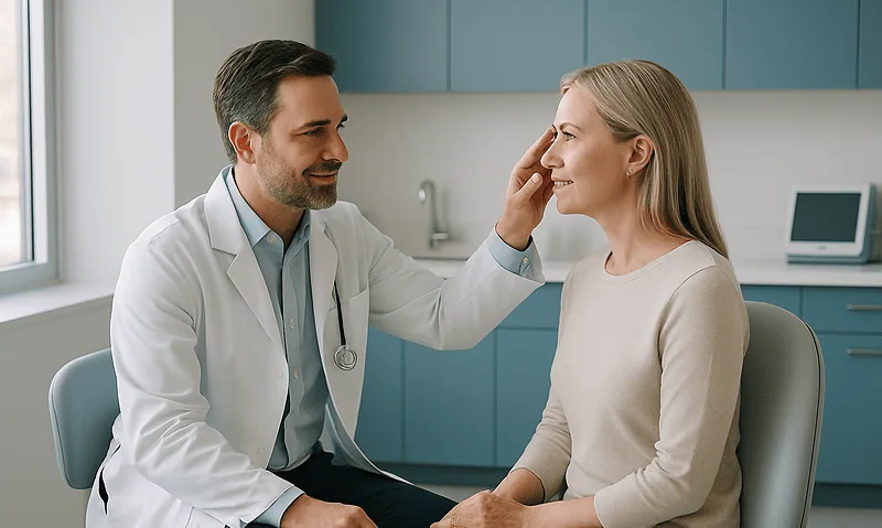 Doctor examining a woman's face during a consultation at Acibadem Hospital.