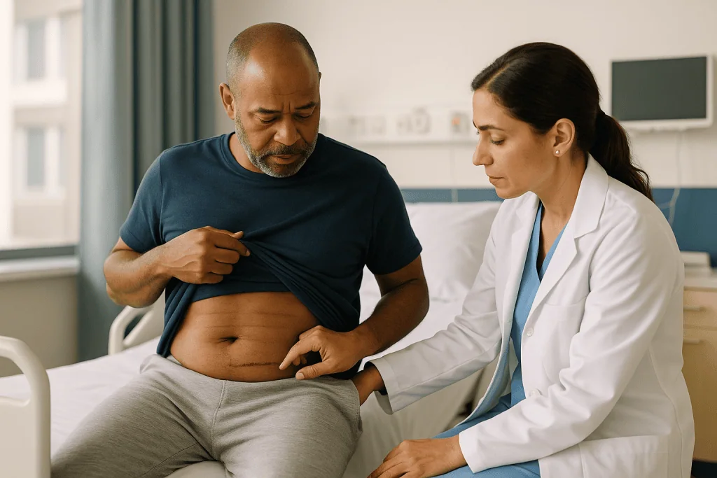 Doctor examining male patient's abdomen in clinical setting: How long does orchiectomy recovery take? The incision week by w
