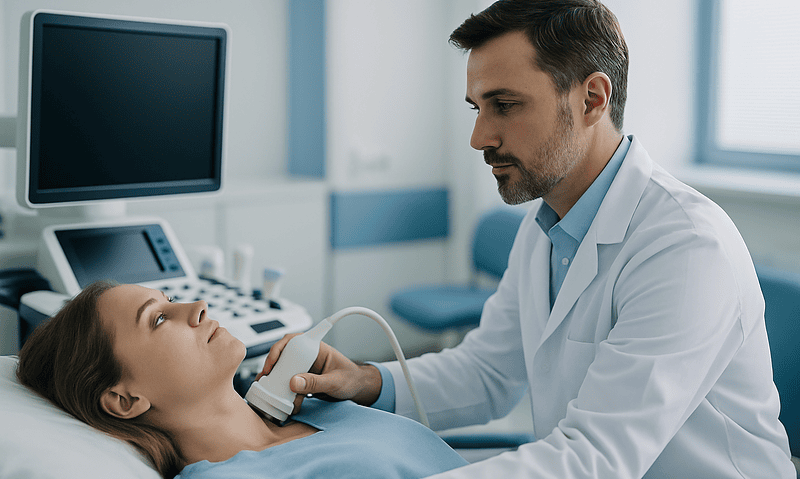 Doctor performing thyroid ultrasound on patient in hospital.