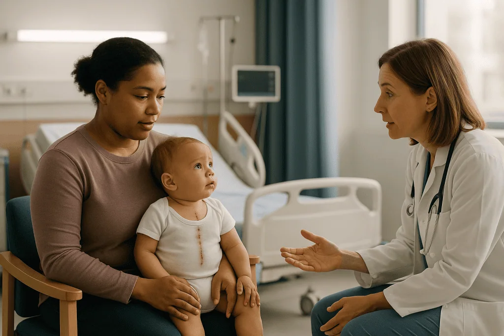 Doctor consulting with mother holding infant post-surgery: How long does pediatric heart surgery recovery take?