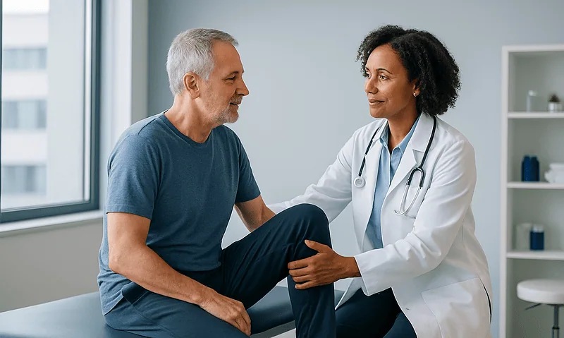Doctor examining an elderly patient's knee in a modern clinic setting.
