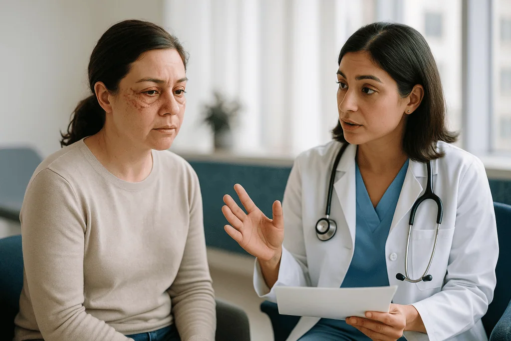 Doctor consulting patient with tablet in clinical setting: How long does plasma fibroblast swelling last, especially around 