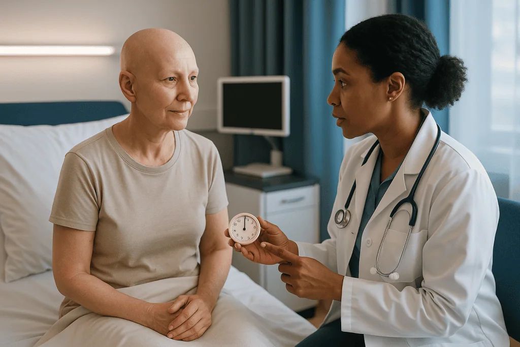 Doctor consulting patient in hospital room, showing clock: How long does radioiodine stay in your body and stay detectable?