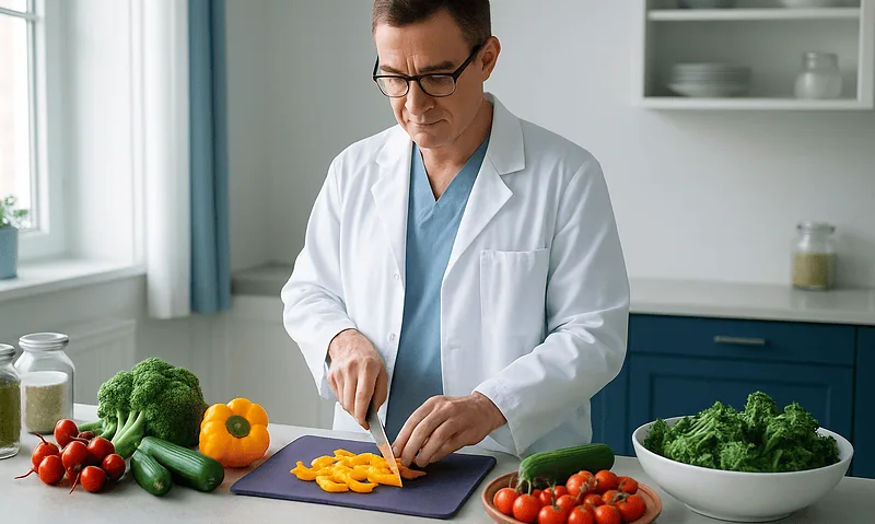 Doctor preparing fresh vegetables in a modern kitchen for healthy eating.