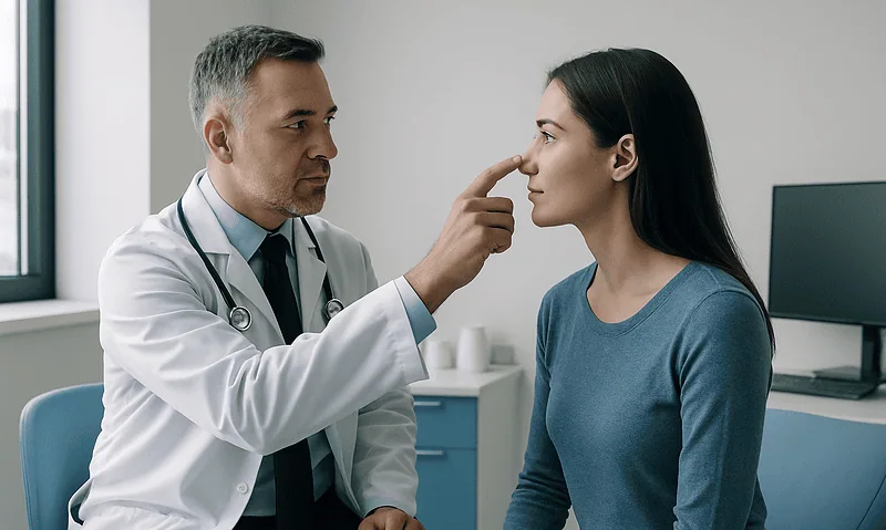 Doctor examining patient's nose in consultation room at Acibadem Hospital.