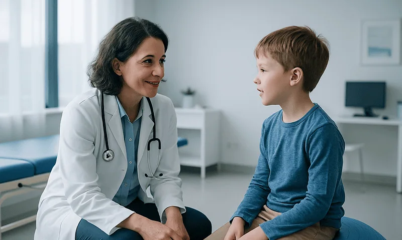 Child and doctor having a consultation in a medical office.