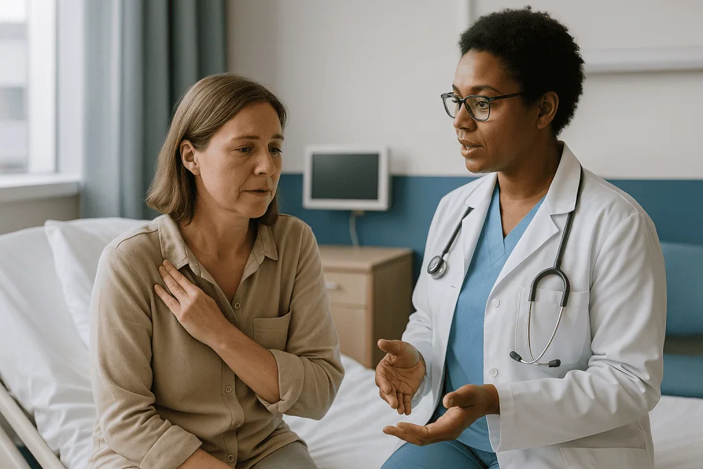 Doctor consulting with patient in hospital room: How long does shoulder pain last after laparoscopy?