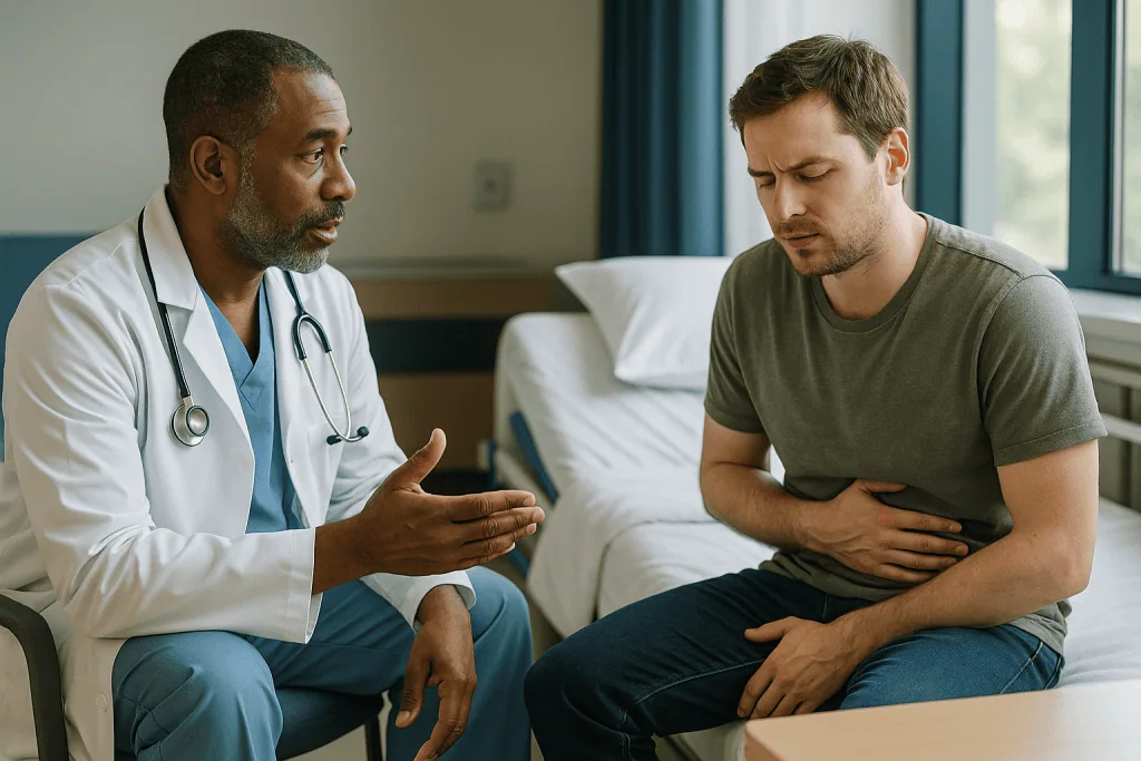 Doctor consulting patient about abdominal symptoms in clinic: How long does stomach flu last by cause? A comparison table