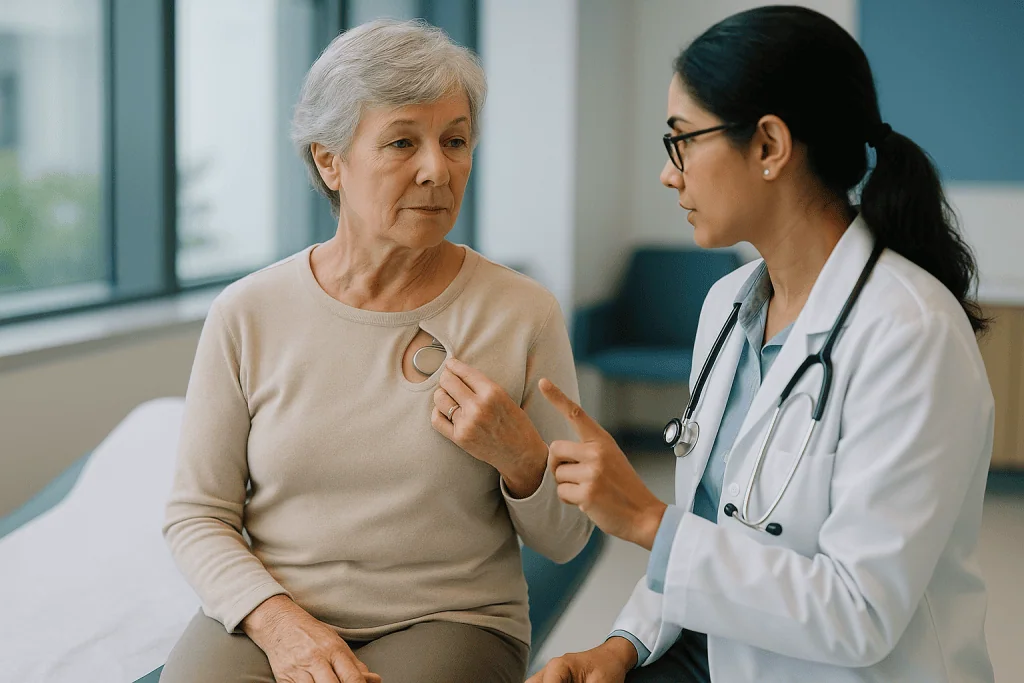 Doctor consulting with senior female patient about chest: How long does the battery in a pacemaker typically last?