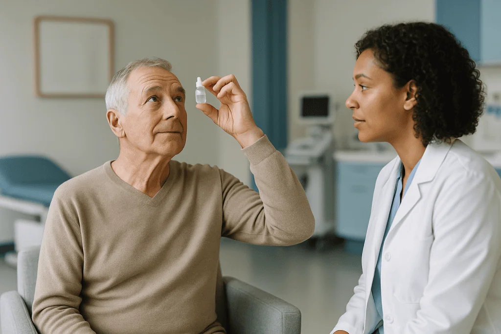 Doctor examining patient's eye with handheld device: How long does the gas bubble after vitrectomy last?