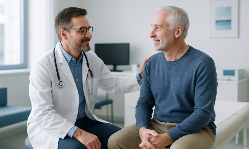 Doctor consulting with an elderly patient in a medical office.