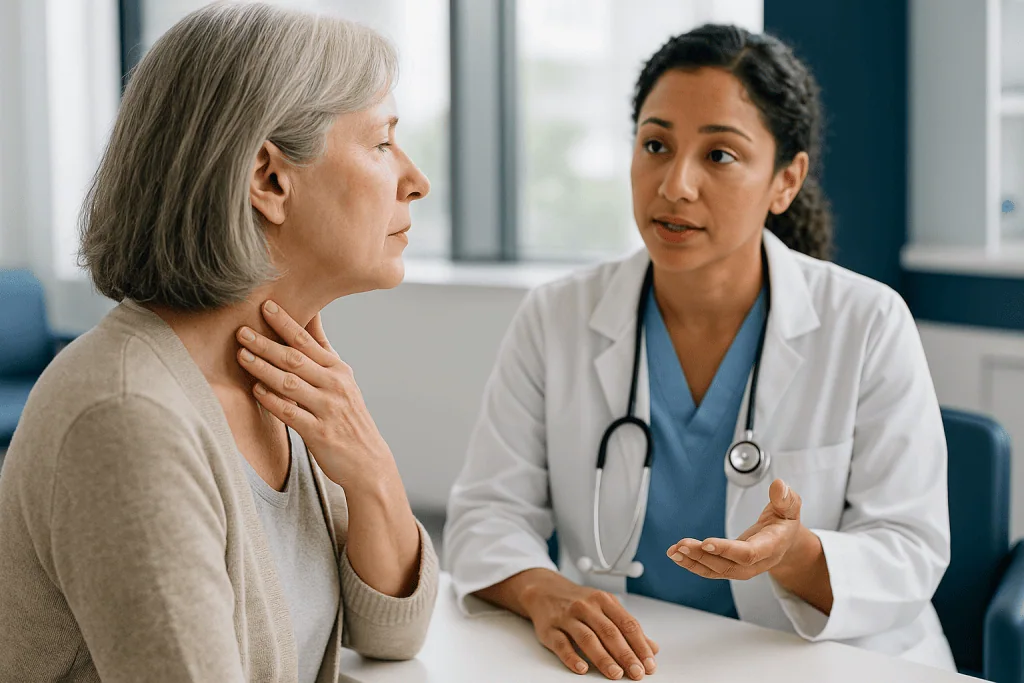 Doctor consulting senior patient about throat symptoms: How long does voice change after thyroidectomy usually last?