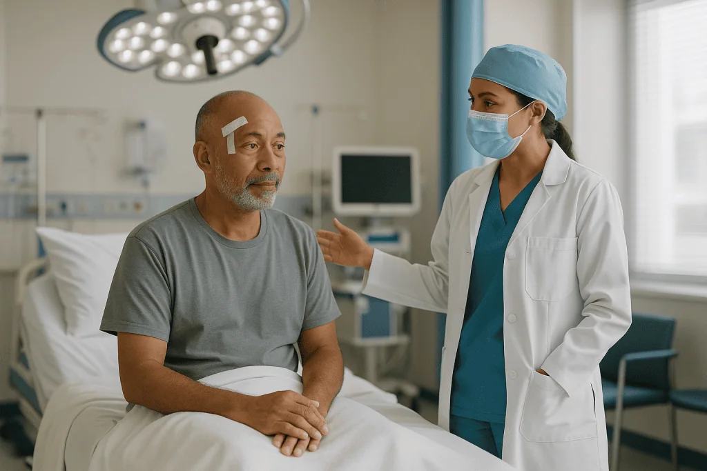 Doctor consulting patient in hospital room post-procedure: How long does VP shunt surgery take, and what happens in the oper