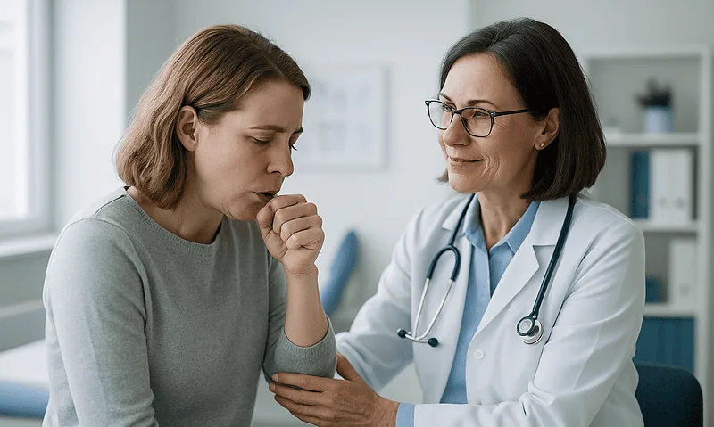 Doctor examining a patient with cough in a medical consultation room.