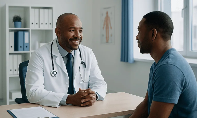 Doctor consulting with patient in a medical office setting.