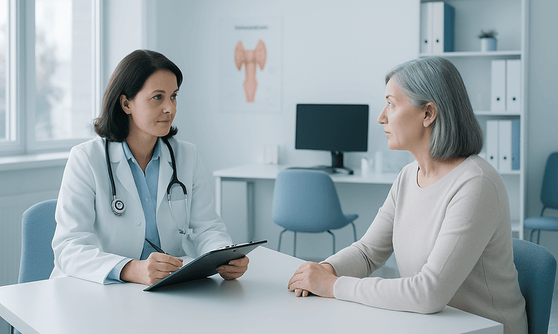 Doctor consulting with a patient in a modern medical office.