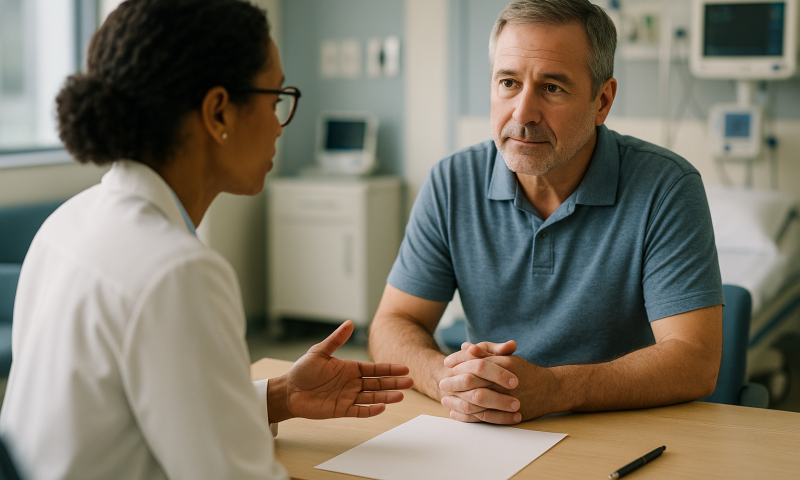 Doctor consulting with a patient in a hospital room.