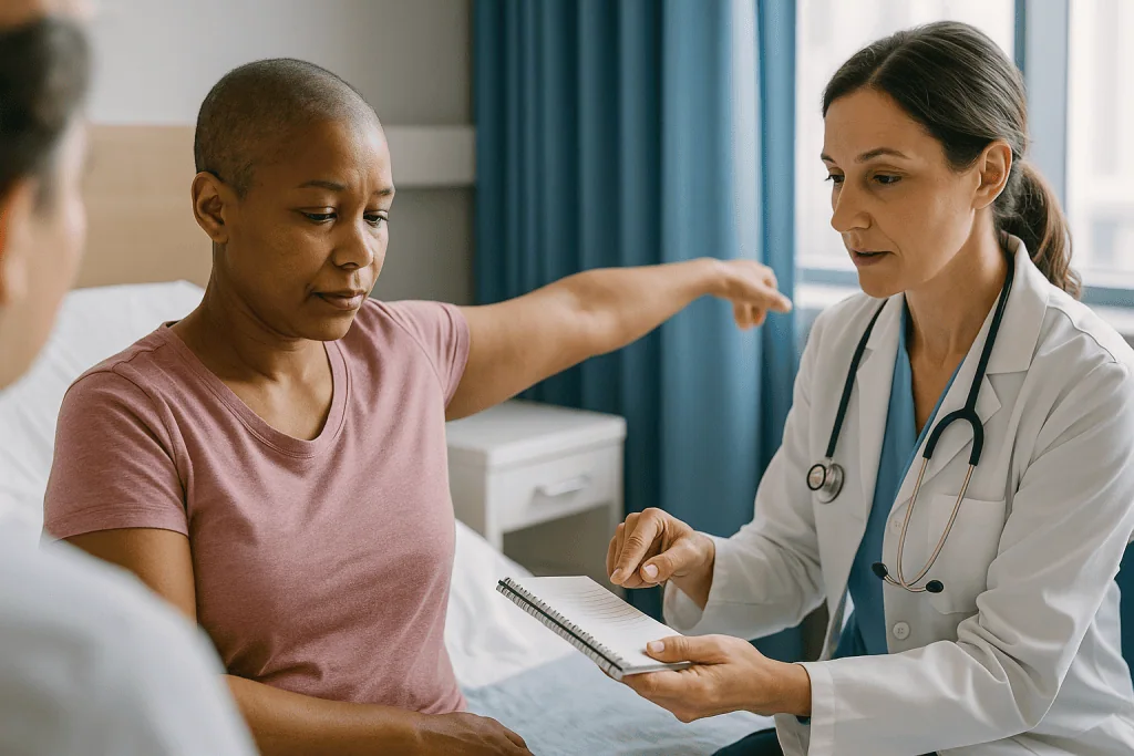Doctor consulting patient with clipboard in hospital room — How long is a typical mastectomy recovery time, week by week?