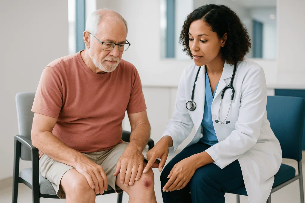 Doctor examining patient's leg wound during consultation: How long is a wound considered chronic before a clinic wants to se